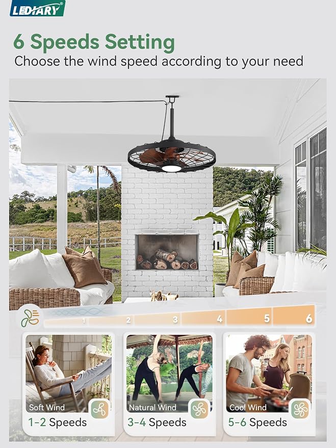 LEDIARY 24" Outdoor Ceiling Fan with Lights,IP65 Waterproof Gazebo Hanging Fan with Remote Control Smart App, Plug in Caged Ceiling Fan with 3CCT 6-Speeds for Patio Porch Pergola(Walnut)