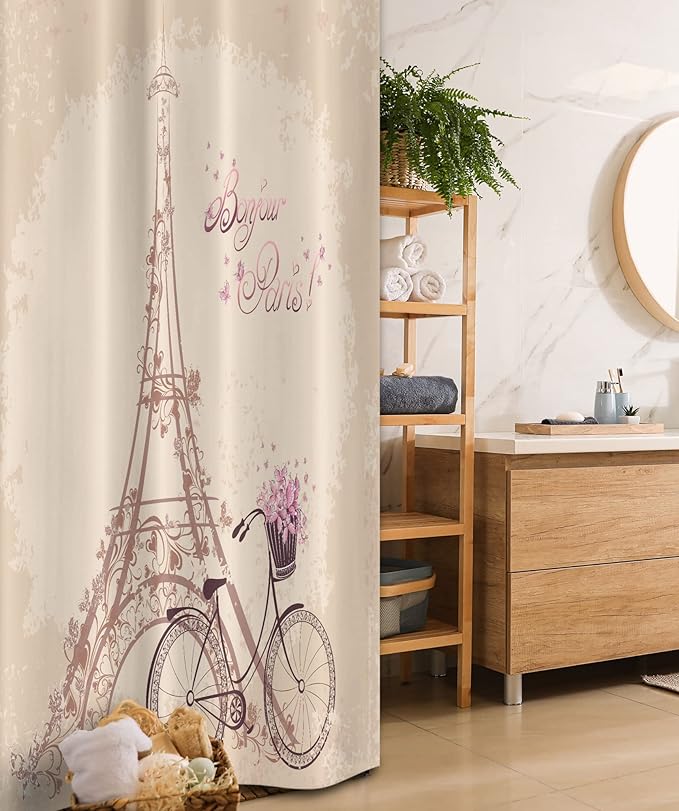 Ambesonne Paris Stall Shower Curtain, Bonjour France Eiffel Tower and Vintage Bicycle Flowers Retro Soft Color Print, Fabric Bathroom Decor Set with Hooks, 36" W x 72" L, Cream Pink