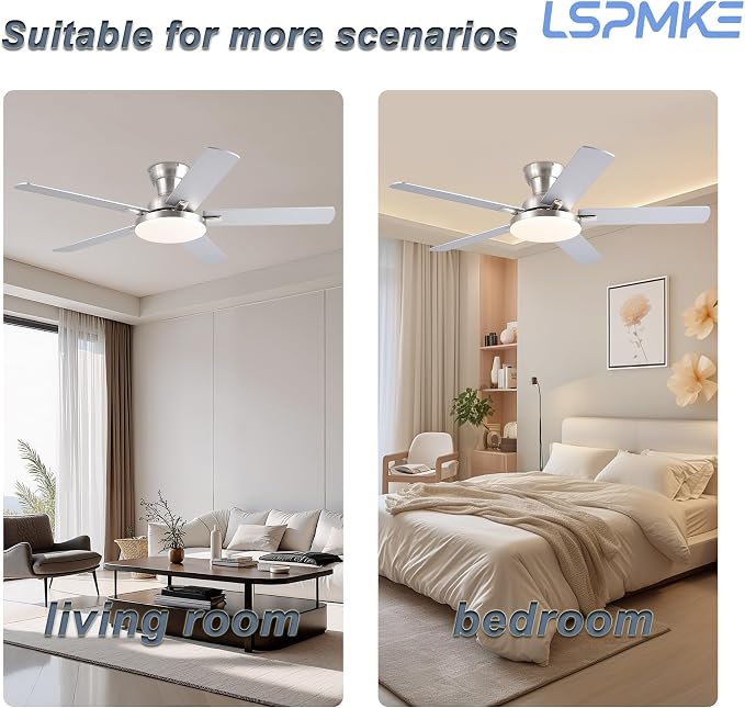Ceiling Fans with Lights, 52 inch Flush Mount Ceiling fan with Remote Control, Low Profile Ceiling Fan for Bedroom, Farmhouse, Reversible, 3CCT, Dimmable, Noiseless DC Motor, Nickel