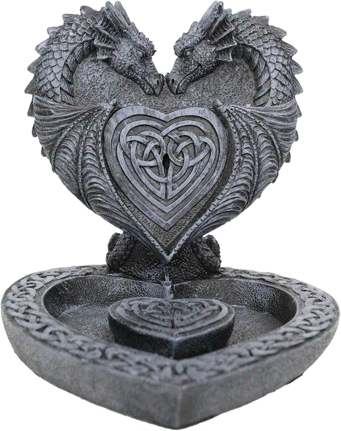 Ebros Gift Guardian of Faux Stone Celtic Heart Tomb Altar Romantic Double Dragon Backflow Cone Incense Cascading Smoke Pool Waterfall Burner Holder Figurine Fantasy Gothic Dungeons and Dragons