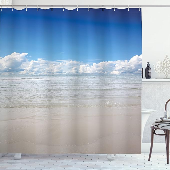 Ambesonne Ocean Shower Curtain, Sea to Sky View with Clouds Nature Exotic Beach in South Asia Paradise, Cloth Fabric Bathroom Decor Set with Hooks, 69" W x 70" L, Blue White Cream