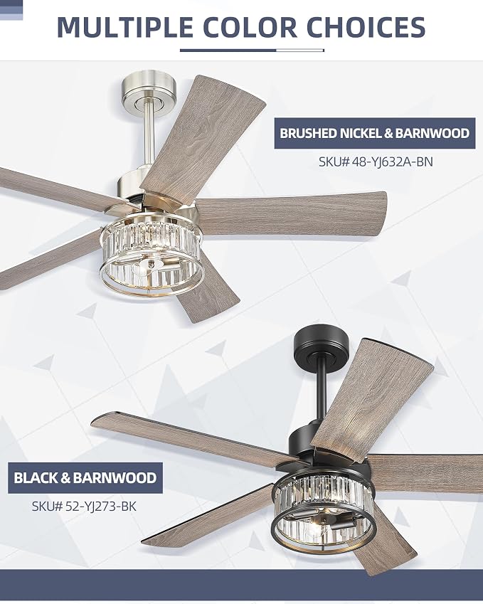 YOUKAIN 48 Inch Black Ceiling Fan with Lights and Remote, Modern Crystal Ceiling Fan, 5 Reversible Matte Black & Wood Blades, Quiet Indoor Ceiling Fan for Bedroom Living Room, 48-YJ632A-BK