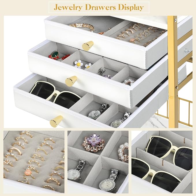 Keebofly Large Floor Jewelry Organizer Stand with 3 Drawers - Gold | Mobile Jewelry Tower Holder with Display, Large Capacity Rack for Necklaces & Rings, Perfect Storage Gift for Women