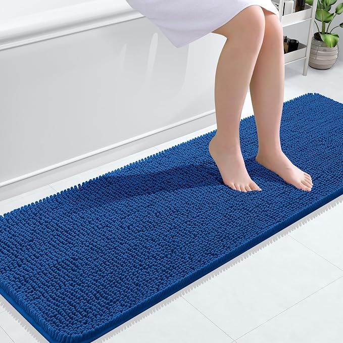 OLANLY Bathroom Runner Rugs 59x20, Soft Absorbent Chenille Bath Rugs, Rubber Backing Quick Dry, Machine Washable Long Bath Mats for Bathroom, Tub and Shower, Home Decor Accessories, Deep Navy Blue