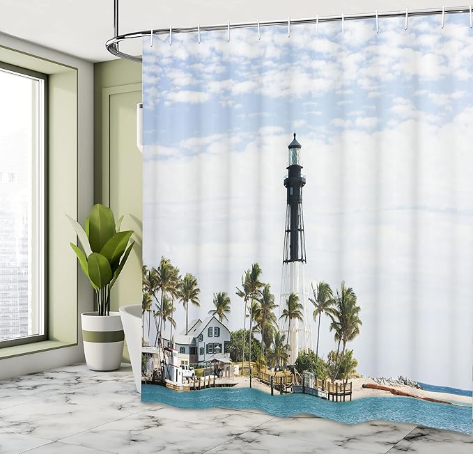 Ambesonne United States Shower Curtain, Hillsboro Lighthouse Pompano Beach Florida Atlantic Ocean Palms Coast, Cloth Fabric Bathroom Decor Set with Hooks, 69" W x 75" L, Blue White Green