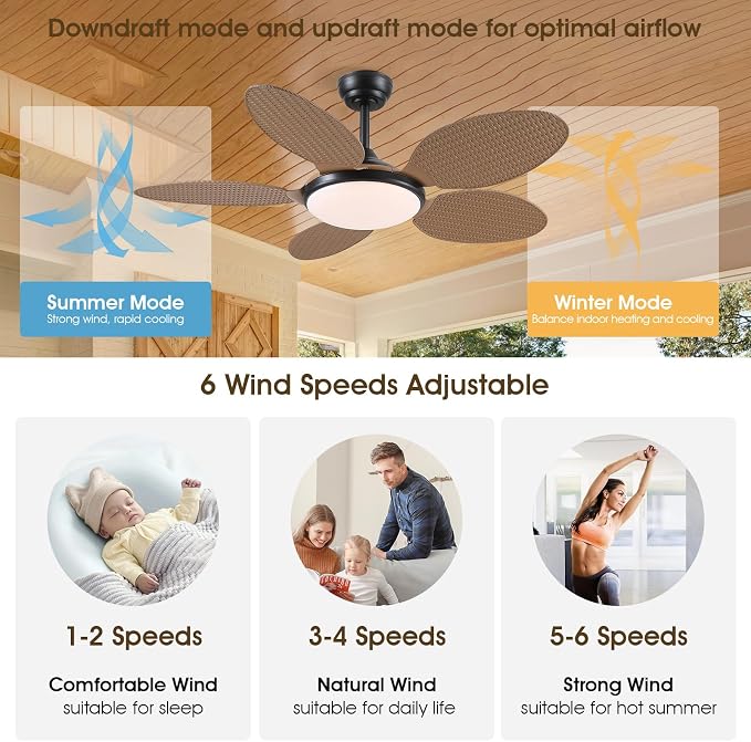 48"Tropical Style Palm Leaf Ceiling Fans with LED Lights and Remote & APP | Supports Remote and APP, 6 Wind Speeds, Reversible, Dimmable 3CCT LED, 35W Quiet DC Motor,Suits for Bedroom Kitchen