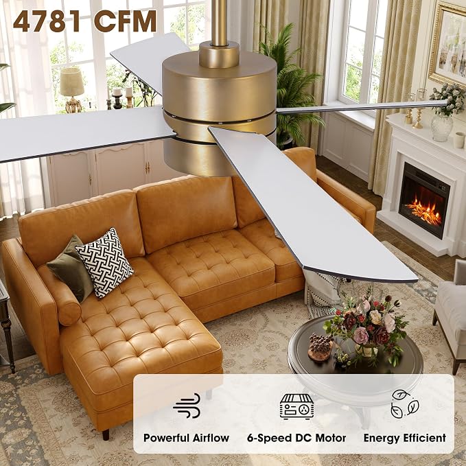 52 Inch Gold Ceiling Fan with Lights and Remote, Modern Ceiling Fan with APP Control, Reversible DC Motor, Dimmable, White & Walnut Blades for Bedroom, Living Room, Dining Room