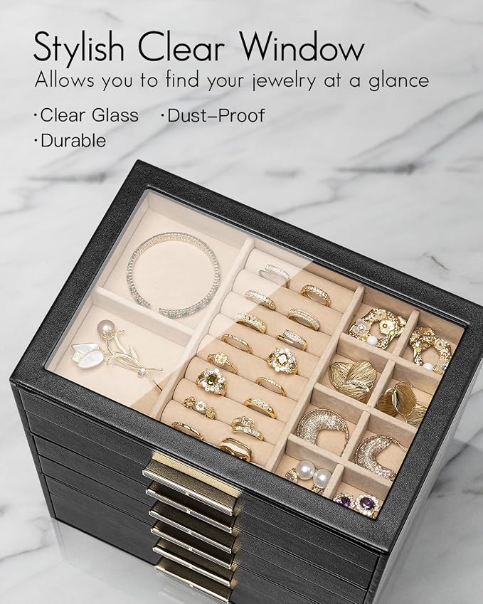 VLANDO 6 Layer Jewelry Box for Women, Glass Lid Jewelry Organizer with 6 Drawers for Necklaces Rings Earrings Bracelets - Black