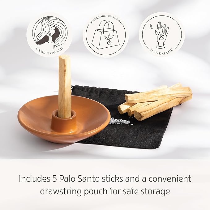 Palo Santo Holder with 5 Sticks - Luna Sundara Handmade Ceramic Incense Burner - Brown Chulucanas Pottery from Peru - Smudge Bowl for Sage - Aromatherapy Gift Set