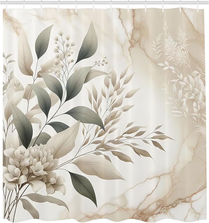 Ambesonne Neutral Shower Curtain, Romantic Cottagecore Wild Flowers Bouquet on Marble Background Print, Cloth Fabric Bathroom Decor Set with Hooks, 69" W x 75" L, Sepia and Dark Sea Green