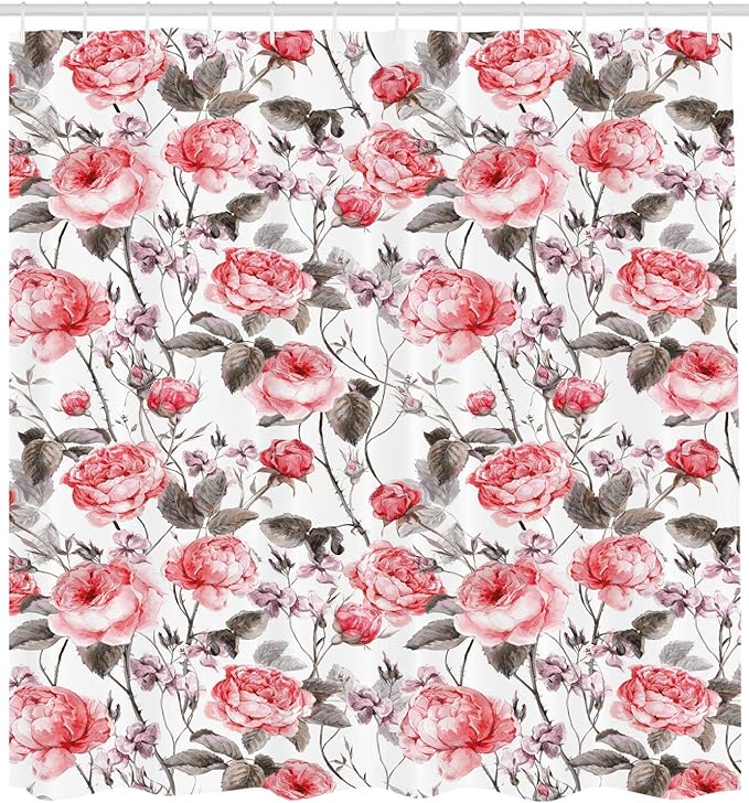 Ambesonne Rose Shower Curtain, Classic Vintage Floral Pattern Watercolor Style Bouquet of English Roses Wildflowers, Cloth Fabric Bathroom Decor Set with Hooks, 69" W x 70" L, Coral Taupe