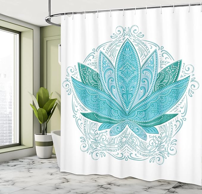 Ambesonne Lotus Shower Curtain, Oriental Flower with an Ornament of The Exotic Petals in The Traditional Style and Boho Design Art, Cloth Fabric Bathroom Decor Set with Hooks, 69" W x 84" L, Sky Blue
