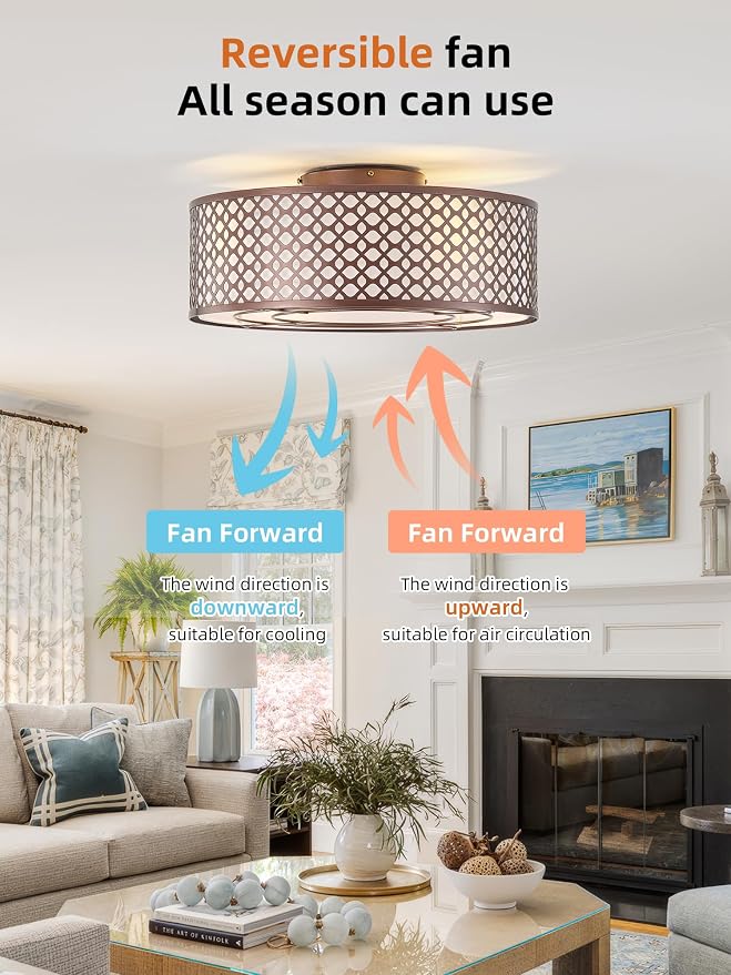 20" Brown Ceiling Fan with Light Flush Mount, Caged Farmhouse Ceiling Fans with Lights Remote Control, Round with 6 Speeds for Bedroom, Nursery, Living Room