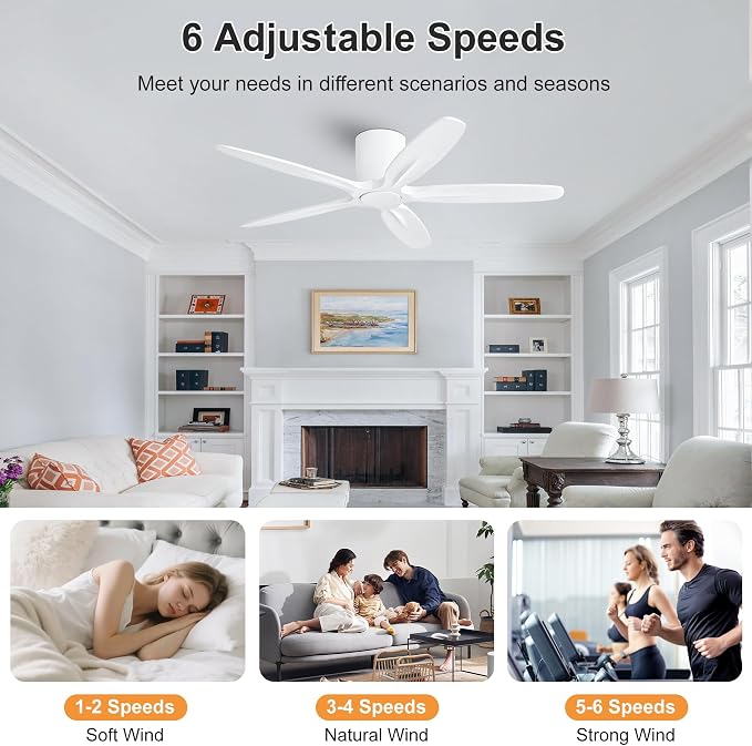 WINGBO 54" Flush Mount Ceiling Fan No Light - 5 Carved Solid Wood Blades, 6-Speed Reversible DC Motor, Dimmable, 3CCT, Low Profile Ceiling Fans without Lights for Bedroom Living Room, White