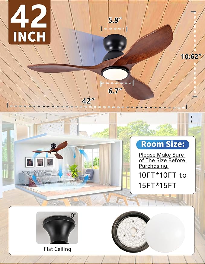 42 Inch Low Profile Ceiling Fans with Lights and Remote, Flush Mount 3 Blade Wood Ceiling Fan,Dimmable,Quiet Noiseless for Patios,Living Room,Bedroom(Wall Control Switch)