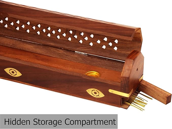 Sheesham Wood Incense Burner Holder – 2 Pack Handcarved Coffin Style Evil Eye Inlay Incense Box - Hidden Storage & Ash Catcher – Aromatherapy Incense Stick & Cone Burner - 12x2x2 – COTTON CRAFT