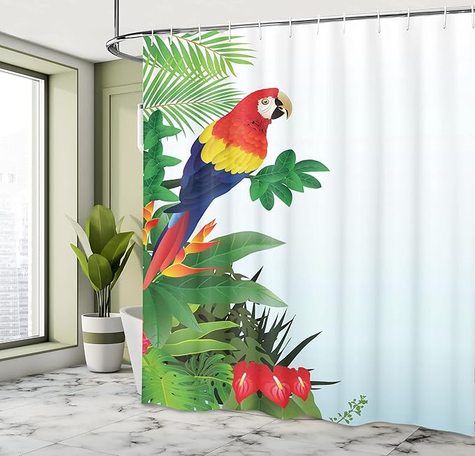 Ambesonne Parrots Shower Curtain, Macaw Bird in Tropical Forest Flowers Big Leaves Plants Wildlife Vibrant Color Art, Cloth Fabric Bathroom Decor Set with Hooks, 69" W x 84" L, Olive Green