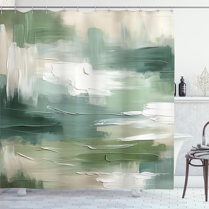 Ambesonne Green Shower Curtain, Abstract Design Brush Strokes Look Print with Pastel Tones Celtic Tones, Cloth Fabric Bathroom Decor Set with Hooks, 69" W x 75" L, Slate Brown White Teal