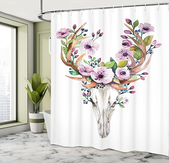 Ambesonne Skull Shower Curtain, Deer Animal Skull with Floral Horns Nature Inspired Dead and Living Art Print, Cloth Fabric Bathroom Decor Set with Hooks, 69" W x 70" L, Brown Purple