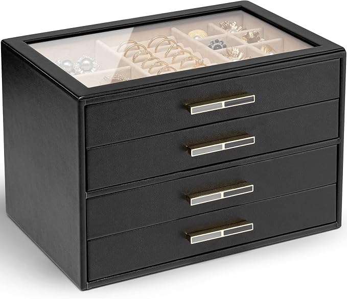 VLANDO 4 Layer Jewelry Box for Women, Glass Lid Jewelry Organizer with 4 Drawers for Necklaces Rings Earrings Bracelets - Black