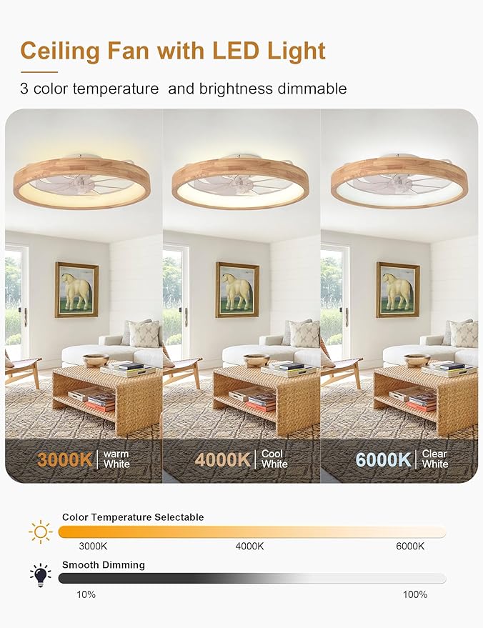 24'' Ceiling Fan with Light Fandelier Flush Mount Low Profile Wood Ceiling Fan with Dimmable LED Light 3 Color 6 Speeds