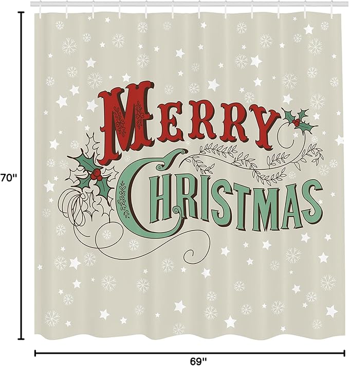 Ambesonne Christmas Shower Curtain, Xmas Stars and Snowflakes Backdrop with Stylized Retro Lettering, Fabric Bathroom Decor Set with Hooks, 69" W x 70" L, Eggshell Sea Green Ruby