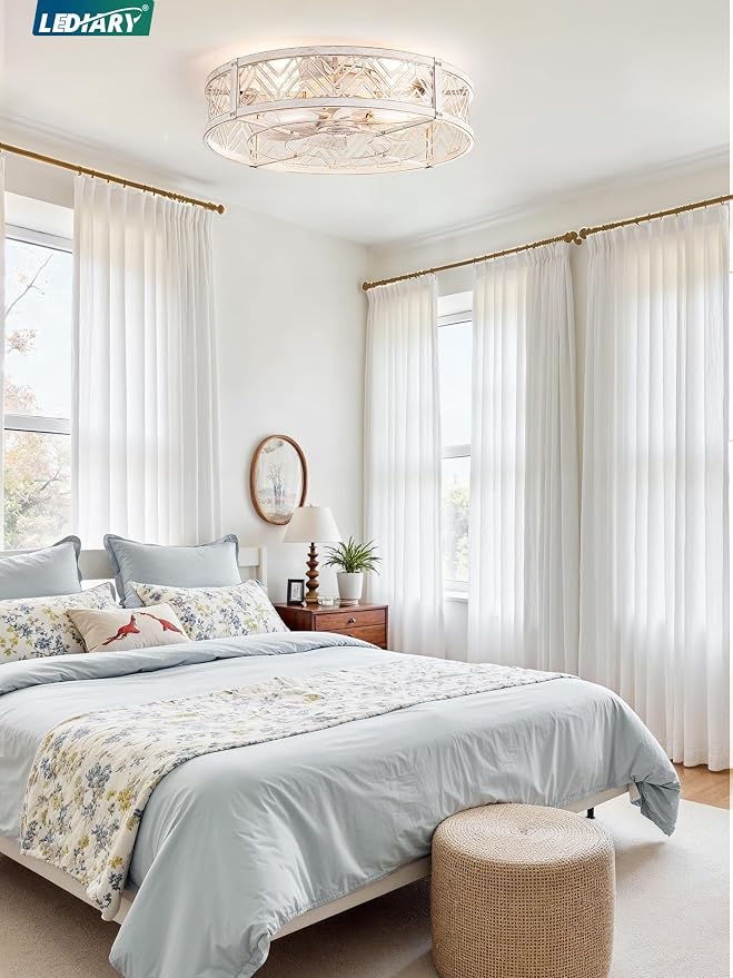 LEDIARY 23" Caged Ceiling Fan with Light, Large Flush Mount, App&Remote Control, Low Profile Bladeless Fan Light Fixture 6 Speed, Reversible and Quiet Motor-White Gold