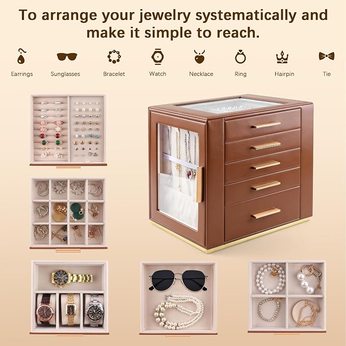 Homeanda Jewelry Box for Women with Glass Lid, 5 Drawers Jewelry Organizer and Storage for Necklaces, Rings, Earrings, Bracelets, Gift for Girls and Teens,PU Leather (Brown)