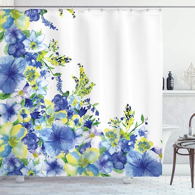 Ambesonne Watercolor Flower Shower Curtain, Motley Floret Motifs with Splash Anemone Iris Revival of Nature Theme, Cloth Fabric Bathroom Decor Set with Hooks, 69" W x 84" L, Yellow Blue