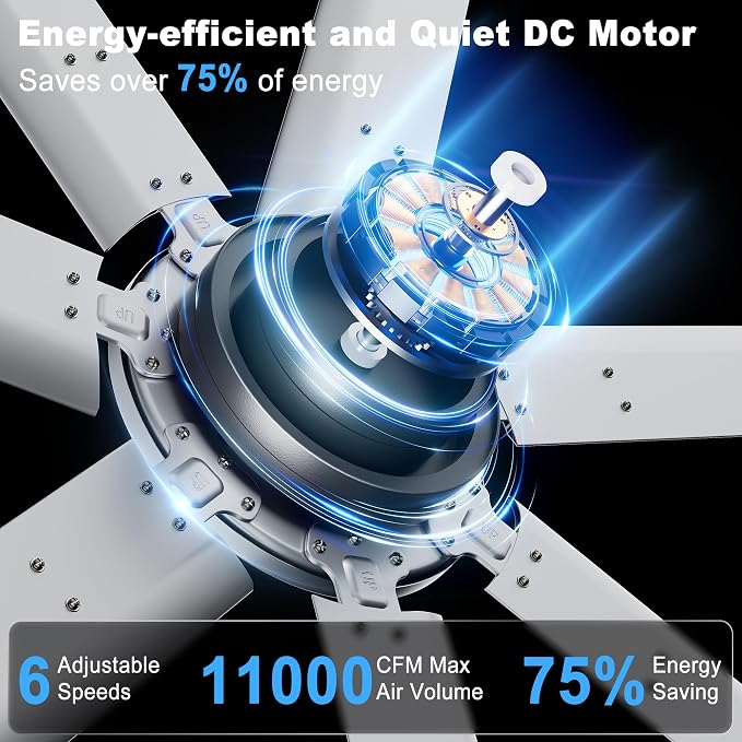 Ohniyou 84'' Industrial Ceiling Fan Without Light for Shop, Garage, Silver | 11000 CFM Airflow, 7 Aluminum Blades, Remote/APP Control, 6 Speeds, Reverse Mode, Large Commercial Metal Fan for Gym