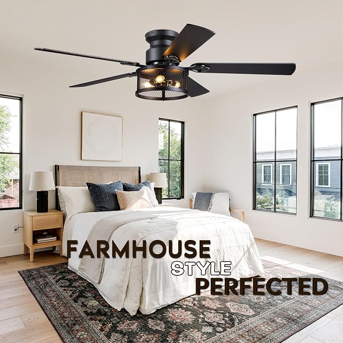 JSAITEE 52in Flush Mount Farmhouse Ceiling Fan with Lights, Caged | Low Profile Fan Light with E12 Base(Bulbs Not Included), 6 Speeds Adjustable&Timer, Rustic Lighting Fan for Indoor/Outdoor