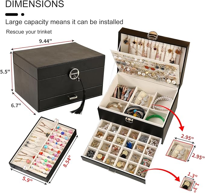 BOOVO Large Jewelry Boxes For Women (Black) | 5 Layers Jewelry Organizer Box With Cosmetic Storage Drawer, Necklace Ring Jewelry Organizer Box