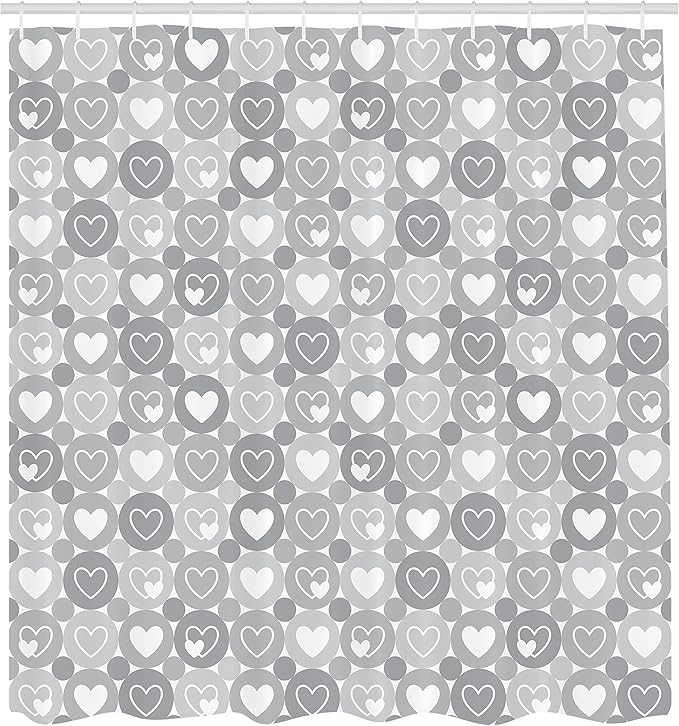 Ambesonne Grey Shower Curtain, Geometrical Hearts and Happiness and Love Romantic Valentine Happiness Flat, Cloth Fabric Bathroom Decor Set with Hooks, 69" W x 70" L, White