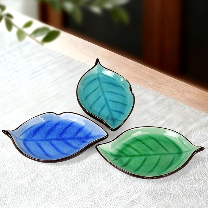 Incense Holder for Sticks (9 Holes) and Cones, Handmade Ceramic Incense Ash Catcher for Meditation, Yoga, SPA Days, Relaxing, Home Decor, Candle Holder, Easy to Clean, Leaf-Shape (Blue)