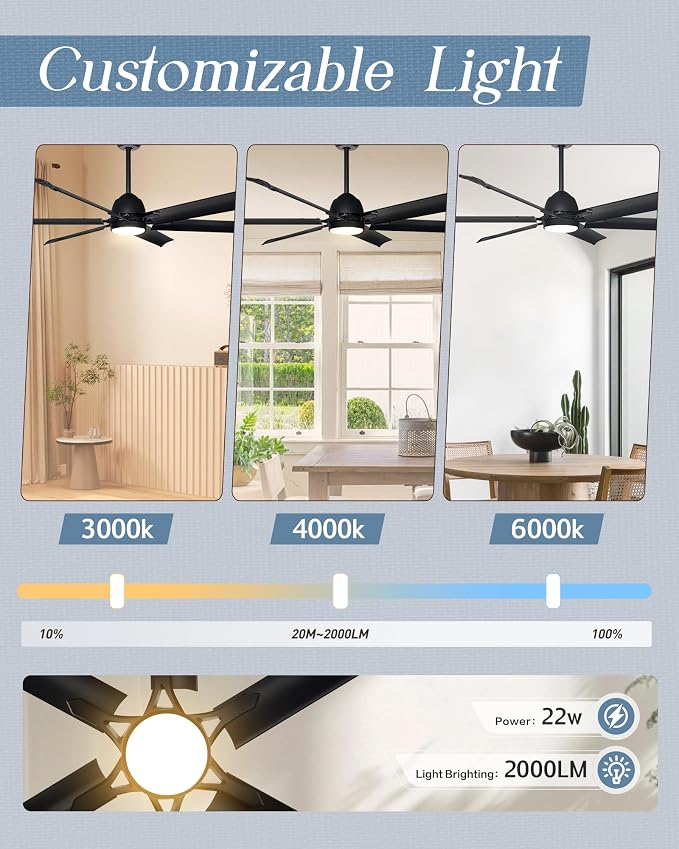 60 Inch Aluminum Blade Ceiling Fan with Light,Industrial Smart Fan Works with Alexa,Indoor Outdoor Metal Black Ceiling Fans for Patio Living room or Bedroom with 6 Speed Reversible DC Motor,3CCTS