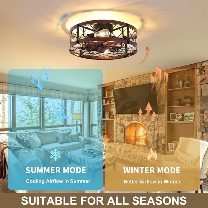 24" Farmhouse Flush Mount Caged Ceiling Fans with Lights, Rustic Low Profile Ceiling Fan with Light and Remote, Quiet Reversible DC Motor Bladeless Enclosed Ceiling Fan for Bedroom Dining Room Kitchen