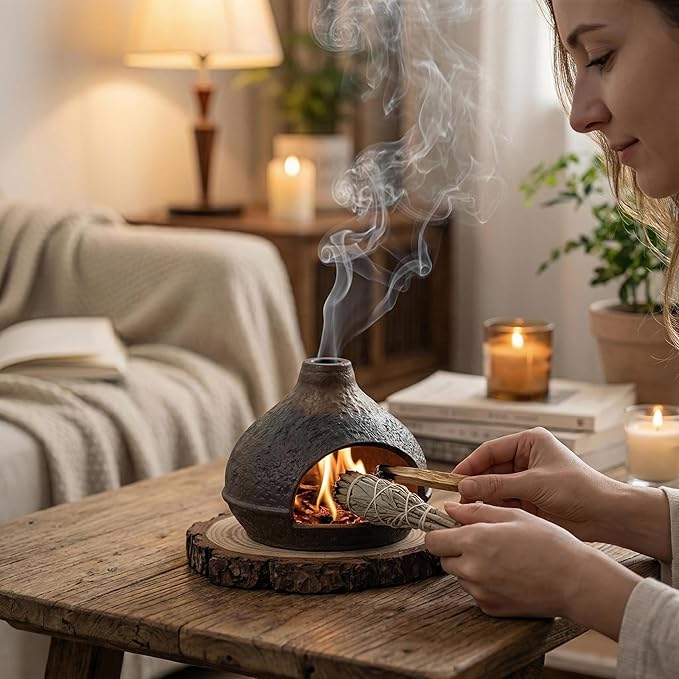 Handmade Ceramic Palo Santo Holder – Suitable for Burning Sage & Palo Santo - Mini Chimenea-Style Burner, an Incense Burner for Spiritual Meditation, Yoga or Home Decoration