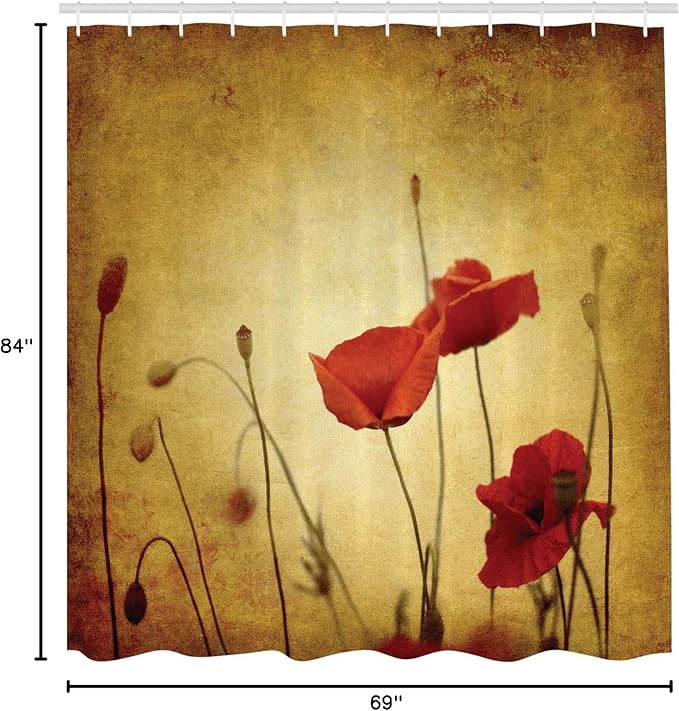 Ambesonne Poppy Flower Shower Curtain, Flower and Buds on Ambient Grunge Background Retro Effects Bohemian, Cloth Fabric Bathroom Decor Set with Hooks, 69" W x 84" L, Pale Brown Vermilion