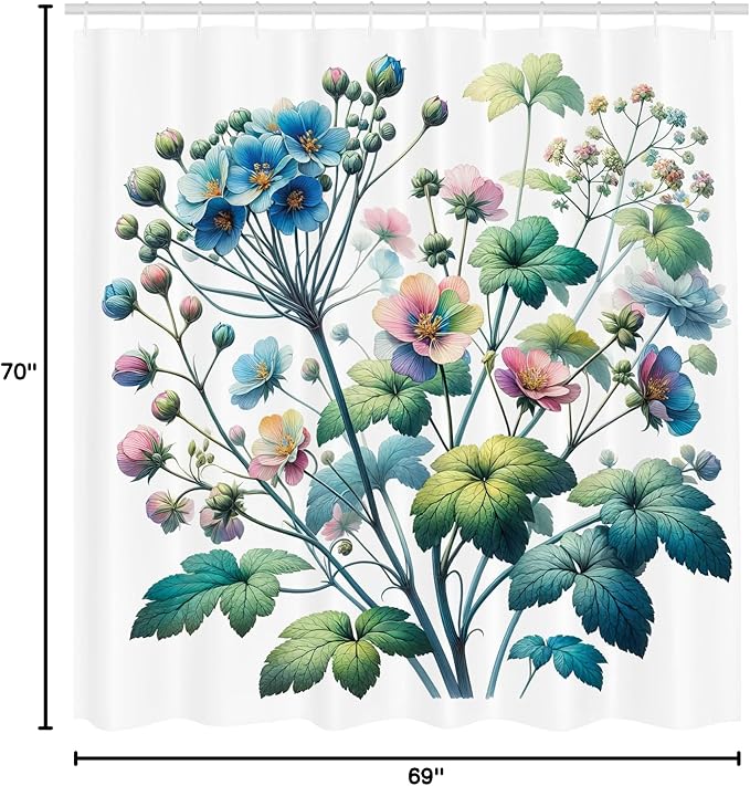 Ambesonne Floral Shower Curtain, Trippy and Bold Colorful Wild Flowers in a Spring Morning on Plain Back, Cloth Fabric Bathroom Decor Set with Hooks, 69" W x 70" L, Teal Green Multicolor