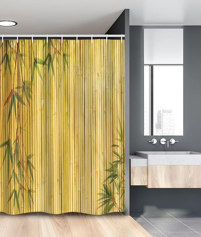 Ambesonne Asian Themed Stall Shower Curtain, Yellow Colored Woodland Background Tree Branches Exotic Scene Peaceful Art, Fabric Bathroom Decor Set with Hooks, 54" W x 78" L, Green