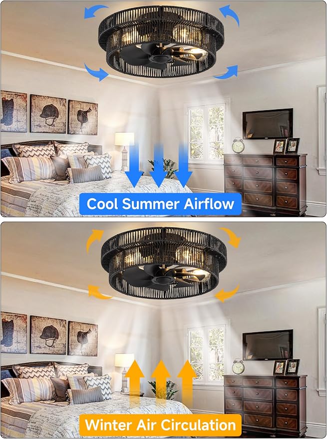 Handwoven Boho Ceiling Fans with Lights Flush Mount,Rattan Farmhouse Caged Fandelier Low Profile Enclosed Chandelier Fan with 6 Speeds for Bedroom,Nursery,Dining Room(Black)