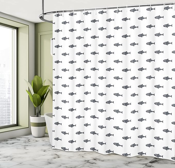 Ambesonne Ocean Shower Curtain, Hand Drawn Sketchy Sealife Schoal of Fish Whales Dolphins Artwork, Cloth Fabric Bathroom Decor Set with Hooks, 69" W x 75" L, Charcoal White