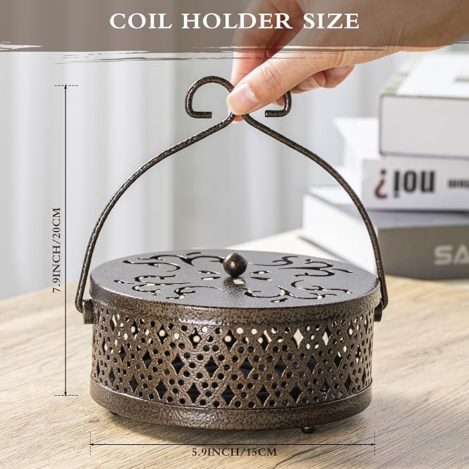 Lallisa Incense Coil Holder Sets, Round Metal Hanging Incense Burner with Handle and Lid, Portable Coil Burner Stand Container for Patio Camping Garden Home Indoor Outdoor Decor(Bronze Color,2 Pcs)