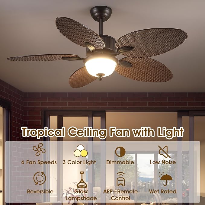 Wiviniya 50 Inch Tropical Ceiling Fans with Lights, Palm Leaf Waterproof Outdoor Ceiling Fan for Patios Porch, Remote/APP Control, Wet Rated, Glass Lampshade, Quiet DC Motor, Dimmable LED, Brown