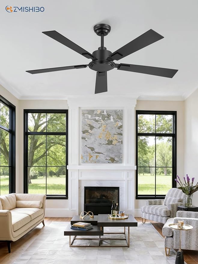 ZMISHIBO 52 Inch Ceiling Fan No Light with Remote Modern Black Ceiling Fan with Quiet Reversible DC Motor,6-Speeds 5 Blades, Indoor/Outdoor Ceiling Fans Without Light for Patios, Living Room, Garage