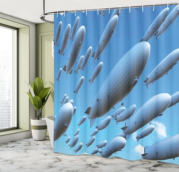 Ambesonne Zeppelin Shower Curtain, Many Fleet Airships Flying in The Sky Aviation Flight Invasion Air Picture Print, Cloth Fabric Bathroom Decor Set with Hooks, 69" W x 70" L, Soft Blue
