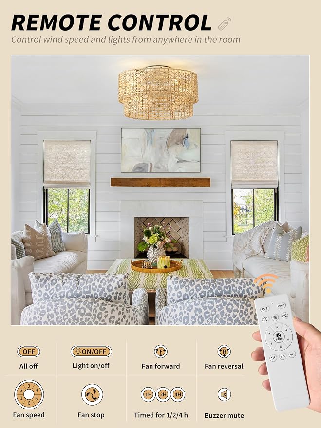 Flush Mount Ceiling Fan with Lights Low Profile, 20" Rattan Boho Ceiling Fan with Light Remote Control, Bladeless Caged with 6 Speeds for Bedroom, Living Room, Nursery
