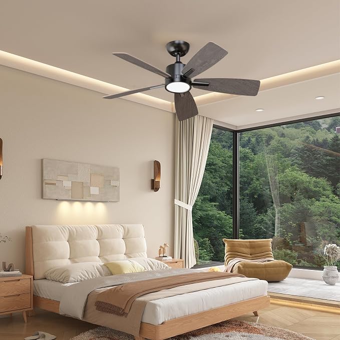 TALOYA 42 Inch Ceiling Fans with Lights Led Remote Control Low Profile Flush Mount for Bedroom Home Outdoor Patio Living Room,3 Color Temperatures,Dimmable,DC Motor,Reversible,5 Blades,Black Walnut