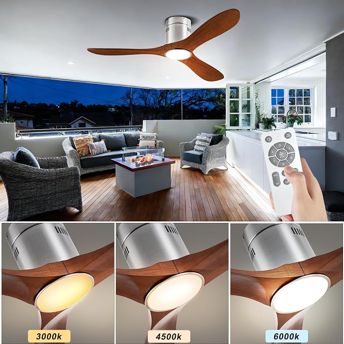 52” Ceiling Fans with Light with 6 Speed Remote/APP Control, Solid Wood Fan Blade, 3CCT Dimmable LED, Noiseless, Bedroom, Hallway Recessed Ceiling Fan