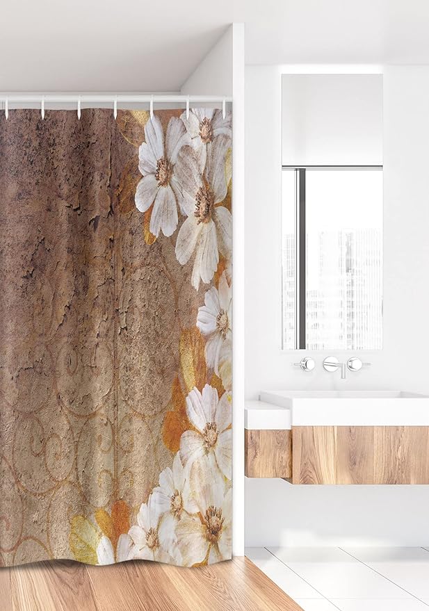 Ambesonne Grunge Stall Shower Curtain, Flowers and Leaves Pattern on Cracked Wall with Floral Lines Classic Design, Fabric Bathroom Decor Set with Hooks, 36" W x 72" L, White Brown